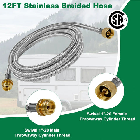 12ft stainless braided hose for RV Propane Kit With 4 Port Brass Tee, connect auxiliary propane cylinders to appliances