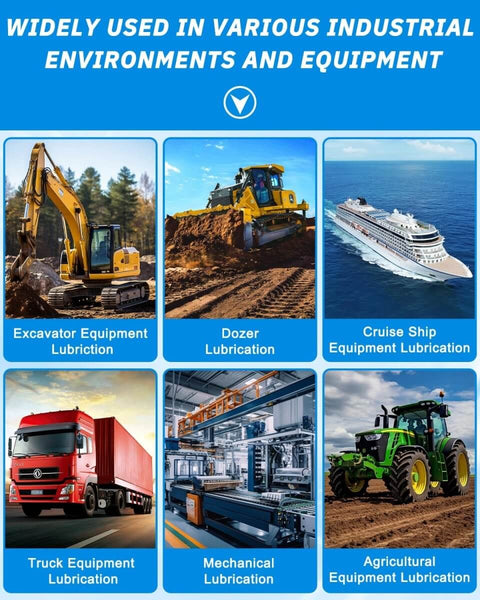 Collage of equipment showing uses: excavator, dozer, cruise ship, truck, mechanical equipment, and tractor lubrication.