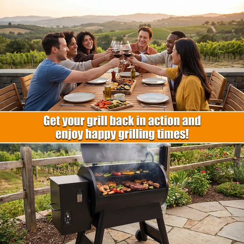 Group enjoying outdoor barbecue with Six Piece Auger Motor Bushings Kit With Shaft Nuts And Bolts Replacement Parts for grills.