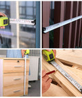 25 Ft Tape Measure With Dual Metric And Imperial Scales One Eighth Inch Fractions being used for DIY measurements indoors and outdoors