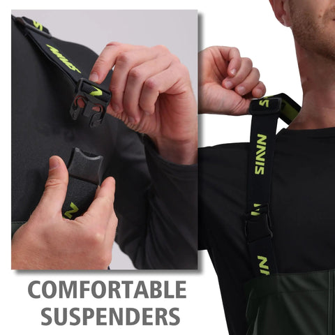 Close-up of Pro-Grade 0.70mm PVC Fishing Rain Suit Jacket And Bib Pants Set For Commercial Anglers Brigg 44 green suspenders