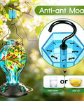 Hand Blown Glass Hummingbird Feeder For Outdoors Hanging 24oz Nectar Bottle With Ant Moat Perch Bee Resistant Ports