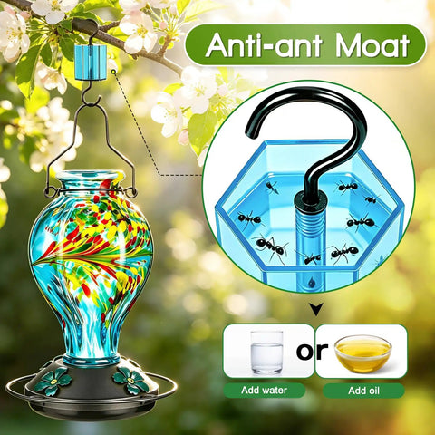 Hand Blown Glass Hummingbird Feeder For Outdoors Hanging 24oz Nectar Bottle With Ant Moat Perch Bee Resistant Ports