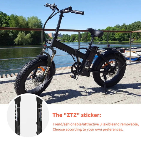Beefy Fat Tire Front Fork With 100mm Travel, 135mm Hub Spacing, 9mm QR, mounted on a 20-Inch fat bike, by riverside.