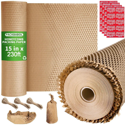 Honeycomb Packing Paper Bubble Wrap Roll 15 Inch By 230 Foot Eco Friendly Cushioning For Moving And Shipping Packing Supplies With 60 Fragile Stickers And 6 Hemp Ropes