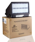 Beast Mode 80W LED Wall Pack With 10,400 Lumens 5000K Daylight mounted on cardboard box, UL Listed label visible