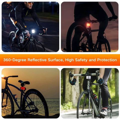 Cyclist using 2 Pack Bike Front And Rear Reflectors Kit for Mountain Bikes, night ride safety gear on various bikes.