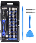 63 In 1 Precision Screwdriver Set With 57 Magnetic Driver Bits For Electronics Repair All In One Tool Kit For iPhone Tablet MacBook Xbox Cellphone PC Game Console Blue with tools visible in box.