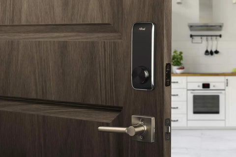 Smart Door Lock Deadbolt with Touchscreen Keypad, Pin Codes and Key Entry, installed on a wooden door in a kitchen.