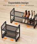 Expandable Two Tier Metal Shoe Rack Organizer For Entryway And Closet Adjustable Length From 18.6 To 30.5 Inches Holds Up To 8 Pairs Black Shoe Shelf With Four Hooks For Garage Door Entrance