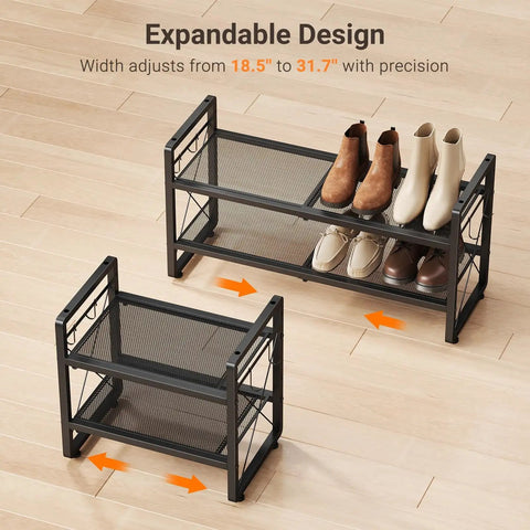 Expandable Two Tier Metal Shoe Rack Organizer For Entryway And Closet Adjustable Length From 18.6 To 30.5 Inches Holds Up To 8 Pairs Black Shoe Shelf With Four Hooks For Garage Door Entrance