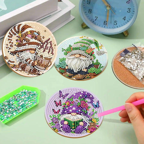 Awesome Gnome Diamond Art Coaster Kit With Holder And Cork Bases For Adults And Beginners DIY Craft Set 8 Piece Coasters