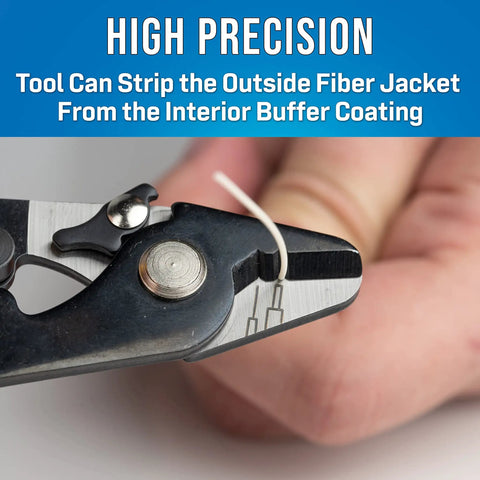 Fiber Optic Stripper Two Hole For Quick Cable Prep removing coating from fiber cable, close-up on tool in use.