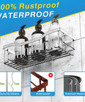 Rustproof Stainless Steel Shower Caddy Set With No Drill Adhesive for inside shower, holding bottles, shows rustproof feature.