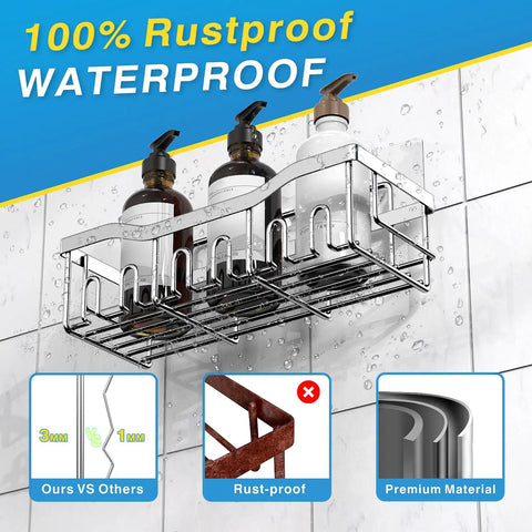 Rustproof Stainless Steel Shower Caddy Set With No Drill Adhesive for inside shower, holding bottles, shows rustproof feature.
