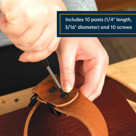 Top Notch Black Chicago Screws Pack Of 10, Rock Solid Leather Fasteners For Belts And Bags, Rust Resistant 1/4 Inch Rivet Posts That Grip Dead Nuts Tight On Every Project, hand installing screws in leather.