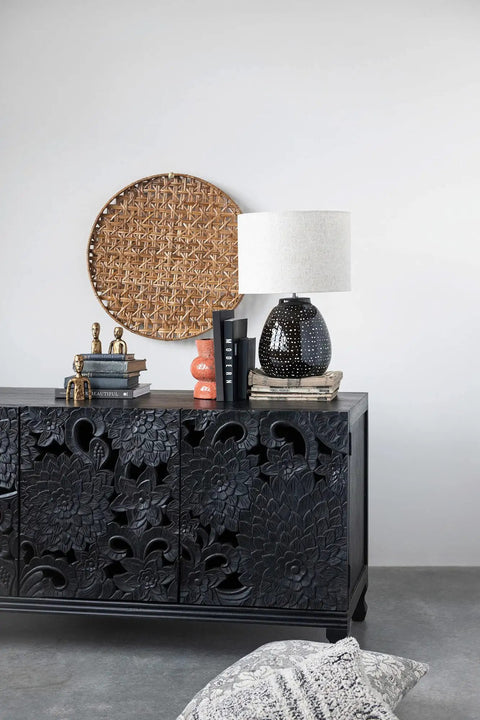 Modern decor with Stoneware Table Lamp In Black And White For Nightstands And Desks, Durable Ceramic Lighting on ornate dresser