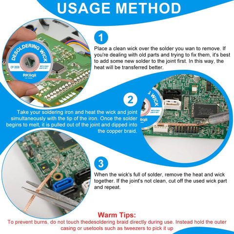 Infographic showing usage method of desoldering solder wick braid kit with flux, detailing steps with images of the process on a PCB circuit board.