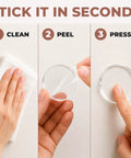 Instructions for using Clear Silicone Door Knob Wall Protectors 2 Inch Flat Profile Self Adhesive Bumpers with cleaning, peeling, and pressing steps.