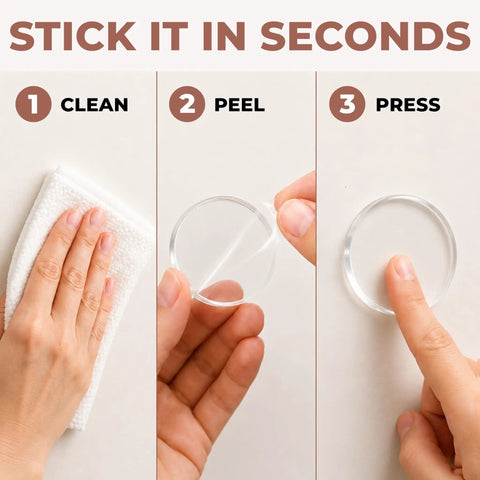 Instructions for using Clear Silicone Door Knob Wall Protectors 2 Inch Flat Profile Self Adhesive Bumpers with cleaning, peeling, and pressing steps.