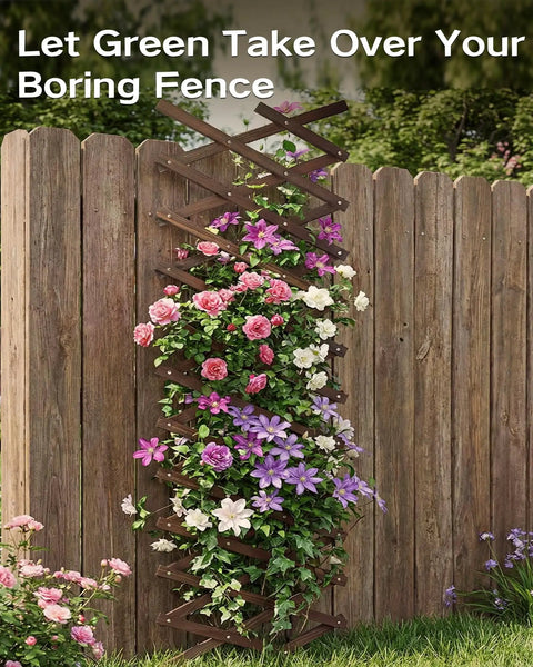 Expandable Garden Trellis System For Indoor And Outdoor Use with climbing plants on wooden fence