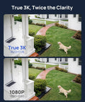 Comparison of True 3K and 1080P video quality showcasing clarity with a dog in a garden by a porch, highlighting 5MP All In One Security Camera System With Two Way Audio, 16 Channel NVR, Eight 3K IP PoE Cameras With Red And Blue Light And Audio Alarm, AI Motion Detection, Alexa Compatible for Smart Home Surveillance, 2TB Hard Drive.