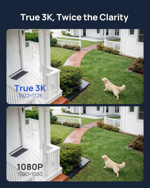 Comparison of True 3K and 1080P video quality showcasing clarity with a dog in a garden by a porch, highlighting 5MP All In One Security Camera System With Two Way Audio, 16 Channel NVR, Eight 3K IP PoE Cameras With Red And Blue Light And Audio Alarm, AI Motion Detection, Alexa Compatible for Smart Home Surveillance, 2TB Hard Drive.
