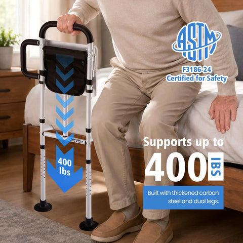 Bed Rails For Elderly Safety With Two Ergonomic Handles, 18 Level Adjustable Height, ASTM F3186 certified, supports 400 lbs