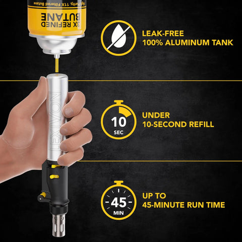 Refilling Butane Soldering Iron Multi Purpose Kit Cordless Self Igniting Adjustable Flame 7 Tip Set, aluminum tank, refill time, 45-min run