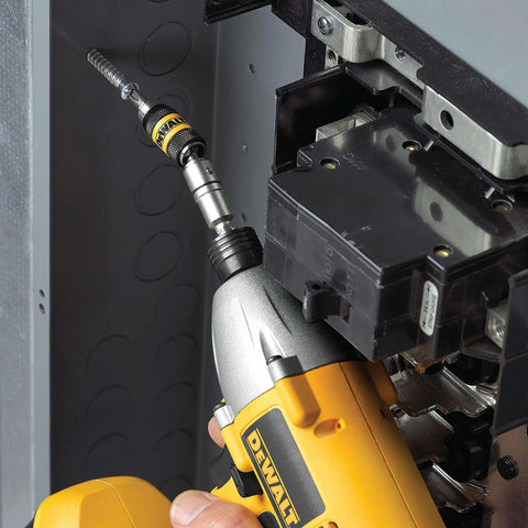 Pivoting Impact Driver Bit Tip Holder with ring in action on quarter inch shank, delivering 2000 inch pounds of torque, durable steel