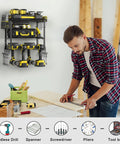 Power Tool Organizer Rack 3 Layer Heavy Alloy Steel Wall Mount Storage for Drill Bits and Hand Tools in use in a workshop