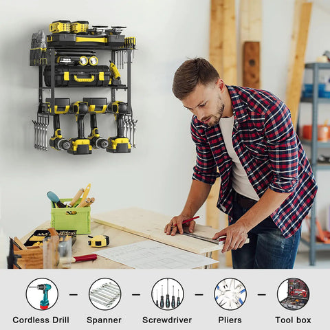 Power Tool Organizer Rack 3 Layer Heavy Alloy Steel Wall Mount Storage for Drill Bits and Hand Tools in use in a workshop
