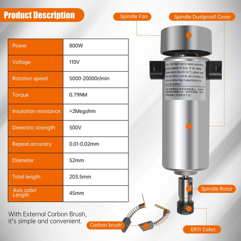 Air Cooled CNC Spindle Motor 800W 110V ER11 52mm Collet 20000RPM 0.79Nm With Carbon Brushes For CNC Router Engraver Milling Machine A Real Workhorse For Wood And Aluminum with power specifications