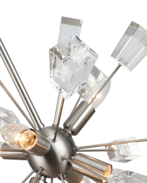Stardust Crystal Mini Pendant Light with trapezoidal crystals on metal stems, focus on orb with dual-tone satin nickel branches.