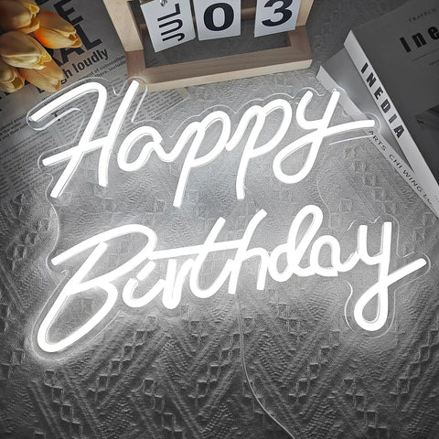 Happy Birthday Neon Sign Dimmable LED Light For Backdrops And Party Decor, bright sign on textured background