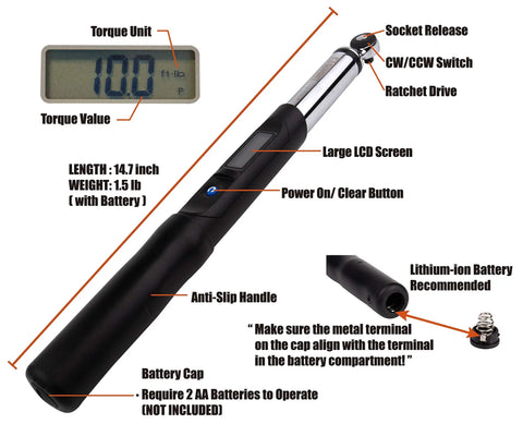 Digital Torque Wrench 1/4 Inch Drive With LCD Peak Hold Range 1.11-22.12 ft-lbs (1.5-30 Nm) with labeled parts and LCD display
