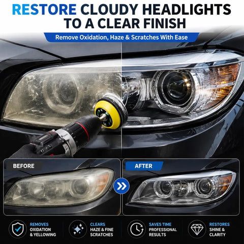 Top Shelf Drill Polishing Kit With 662 Pcs Sanding Discs And Buffing Pads For Headlight Restoration being used on cloudy headlights.