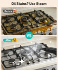 Before and after cleaning results showing a gas stove with oil stains cleaned using Heavy Duty Handheld Steam Cleaner And Mop With 293 Degrees Heat And 50 Oz Tank Featuring 21 Attachments For Homes Cars And Ceramic Tiles That Honestly Cuts Through Grime Without Breaking A Sweat.