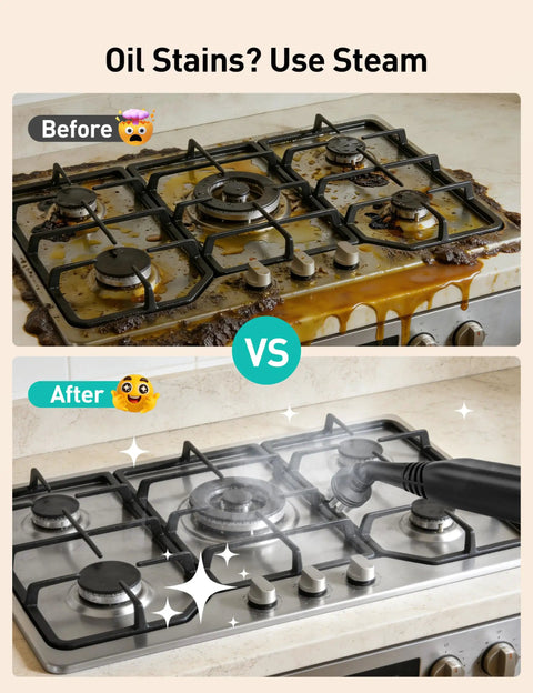 Before and after cleaning results showing a gas stove with oil stains cleaned using Heavy Duty Handheld Steam Cleaner And Mop With 293 Degrees Heat And 50 Oz Tank Featuring 21 Attachments For Homes Cars And Ceramic Tiles That Honestly Cuts Through Grime Without Breaking A Sweat.