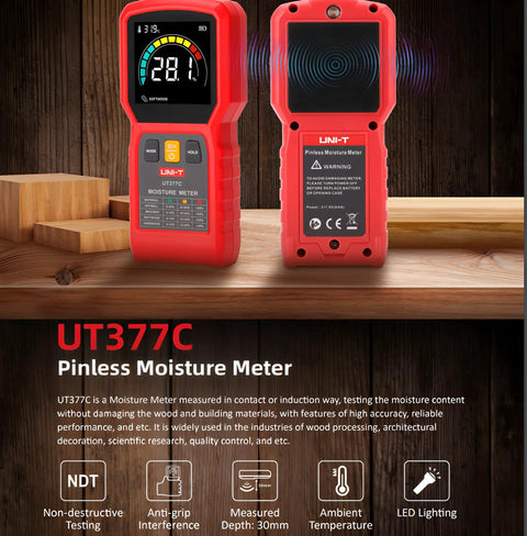 Dead On Accuracy Pinless Moisture Meter Delivers Knockout Precision On Wood And Drywall With Non Destructive 30 Mm Scanning, showing display and back.