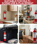 Water Based 2.5 Lb Kitchen Fire Extinguisher UL Rated 1A 10B C 2 Pack For Home Car Vehicle RV Multipurpose Fire Safety shown in kitchen, garage, vehicle, and bedroom.