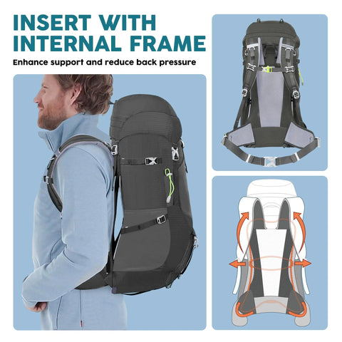 Large Capacity Internal Frame Hiking Backpack 50L 60L 65L 70L 80L For Mountain Climbing And Camping on a model, side view