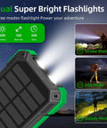 Beast 49800mAh Solar Power Bank With Wireless Charging displaying flashlight modes: strobe, SOS, and steady for outdoor use.