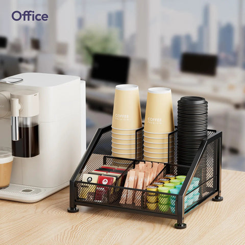 Countertop Coffee Bar Organizer With Tiered Shelves Space Saving K Cup Holder And Pod Storage with cups and condiments