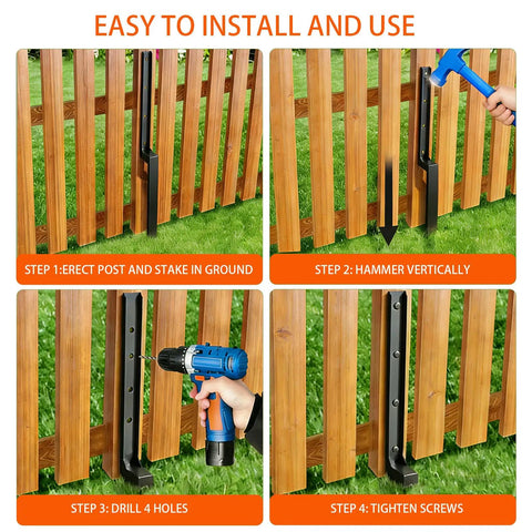 Installation steps of Heavy Duty Fence Post Repair Kit With Thickened Steel Post Anchor Ground Spike Quick Fix For Broken Or Leaning Wood Fence Posts Wooden Fence Post Stabilizer Stakes 4 Pack Black.