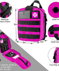 Pink Hardcore Survival Gear Kit With Molle Pouch For Men And Women, shown with dimensions and features for outdoor use.