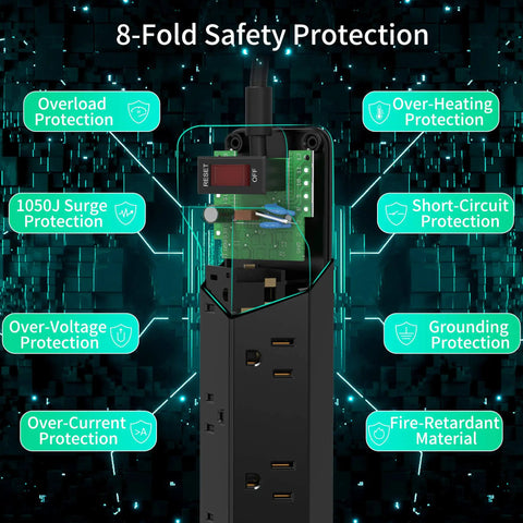 Diagram of 16.5 Foot Long Power Strip With Flat Plug Seven Wide Spaced Outlets And Three USB Ports Surge Protector features.