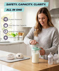 The Go To Rock Solid Borosilicate Glass Breast Milk Pitcher With 32 Oz And Upgraded Bpa Free Mixing Spoon For Heat Safe No Sweat Nursing Mom Storage in use with milk.