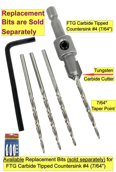 FTG Carbide Tipped Countersink #4 (7/64) with replacement bits and hex key, showing tungsten carbide cutter and drill bits.