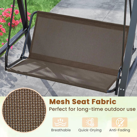 Mesh seat fabric feature of Two Person Patio Porch Swing With Adjustable Canopy Heavy Duty Metal Frame Comfy Cushions Outdoor Garden Swing